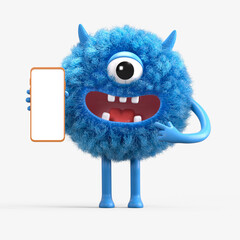 Fluffy, cute monster presents a phone, symbolizing digital interaction. 3D rendering, conceptual image. Isolated on white background.