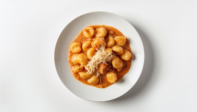 Dish of tasty gnocchi served with rich creamy sauce on a white surface