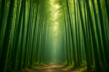Fototapeta premium Serene bamboo forest path with sunlight filtering through leaves