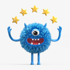 Fluffy, cute monster with five stars, representing top-quality service. 3D rendering, conceptual image. Isolated on white background.