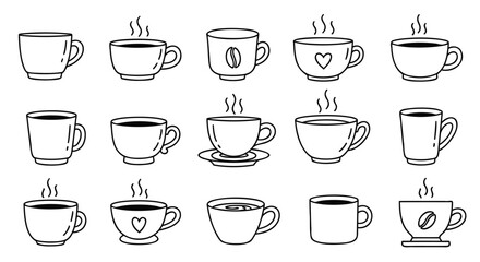Various coffee cups with steam hot drinks beverage