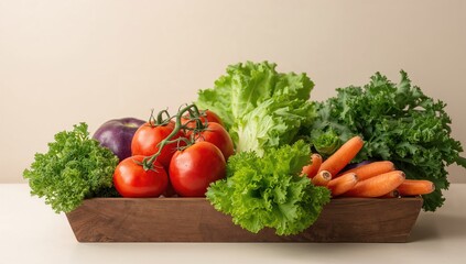 Assorted vibrant fresh vegetables displayed in a wooden container on a light surface
