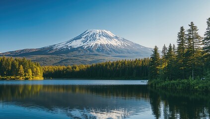 Stunning panorama of a snowy peak under a clear blue sky surrounded by forest and lake