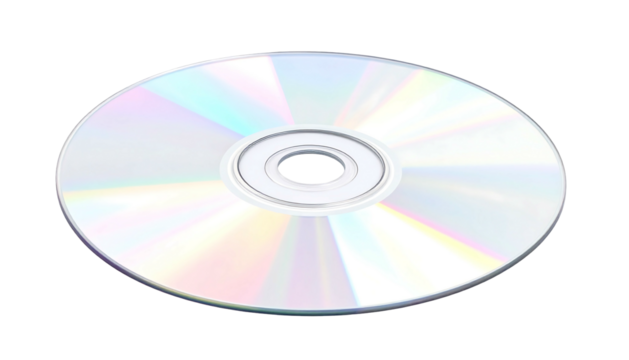 Circular iridescent disc with a center hole, tilted slightly against a solid black backdrop, catching light