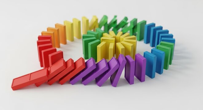 A colorful rainbow of dominoes arranged in a circular pattern on a white background.