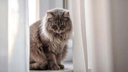 Indoor long-haired gray male cat perched on a windowsill