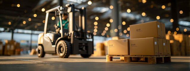 Fototapeta na wymiar Forklift moving boxes in a large warehouse setting Fototapeta na wymiar Forklift moving boxes in a large warehouse setting