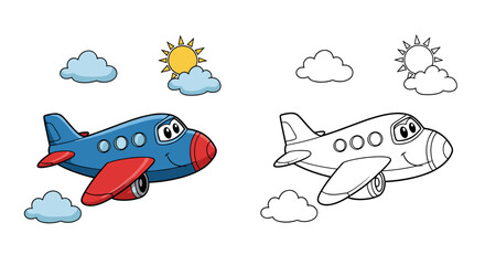 Cartoon airplane with clouds and sun. Coloring book or page with colored example.