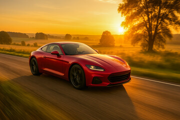 Fototapeta premium Red sports car driving on scenic road at sunset