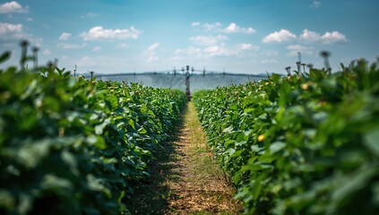 Close-up view of a soybean plantation featuring irrigation sprinklers in the distance, vertical orientation