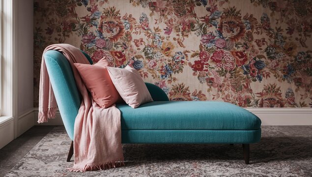 Stylish apartment interior featuring a turquoise lounge adorned with a pink blanket and cushions against floral wallpaper