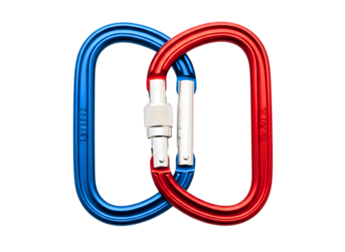 Two interlocking climbing carabiners red and blue isolated on transparent background
