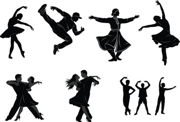 Silhouette vector illustration of different dance styles with men and women performing ballet, hip hop, folk, salsa, and modern dance poses, artistic movement concept