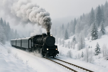 Obraz premium Vintage steam train traveling through snowy winter landscape