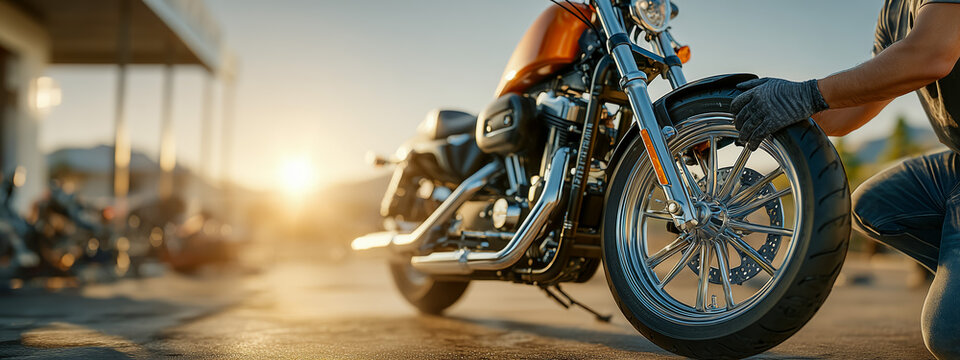 Person working on motorcycle wheel during sunset in garage