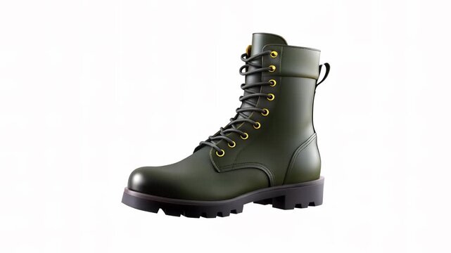 A green military-style combat boot with yellow eyelets and a thick black sole, showcased on a white background.