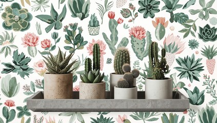 Variety of succulents and cacti displayed in concrete containers on a tray, styled in a modern minimalist home setting