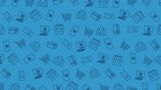 doodle shopping with Blue seamless pattern and line art icons of shopping elements. Great for Cyber Monday backgrounds or online ad