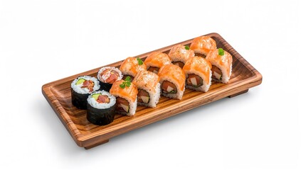 Assorted sushi rolls presented on a wooden platter against a white backdrop