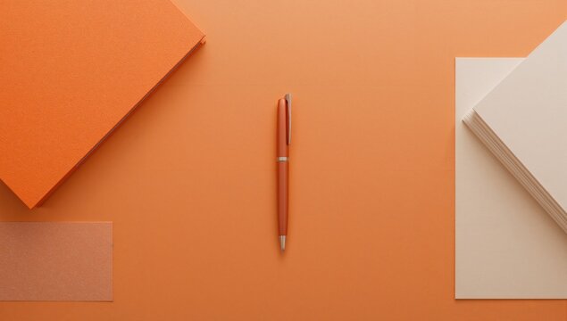 Attractive Office Desktop Scene Featuring a Pen on a Vibrant Orange Surface - Powered by Adobe