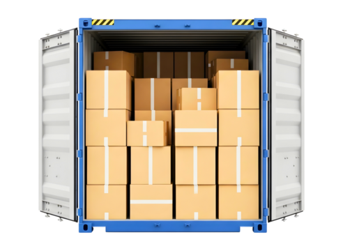 Open shipping container filled with cardboard boxes isolated on transparent background