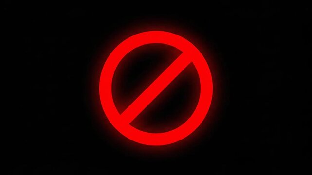 Banned Video. Warning, stop or no entry forbidden red circle on black background. Animation of delete, denied, ban or block icon