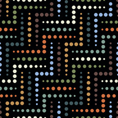 Seamless abstract geometric dotted pattern with a decorative design of small multicolored circles and dots on a black background in a modern style. Vector illustration.