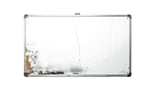 Rectangular whiteboard with smudged writing and residue stains against a black background