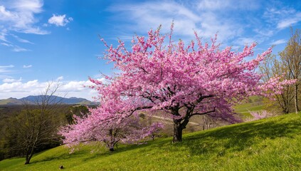 Scenic view of blooming cherry trees under a clear sky in spring