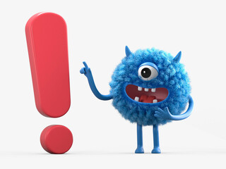Fluffy, cute monster with an exclamation mark, symbolizing attention or warning. 3D rendering, conceptual image. Isolated on white background.