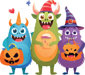 Cute Monsters in Halloween Costumes
Funny monsters dressed for Halloween, colorful vector set