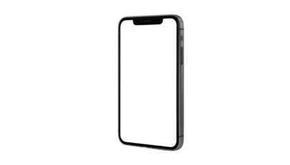 Smartphone with blank screen standing upright on a black background, angled for a 3/4 view
