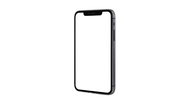 Smartphone with blank screen standing upright on a black background, angled for a 3/4 view