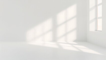 Fototapeta premium Minimalist White Room Setting Featuring Window Light and Shadow Effects for Product Display