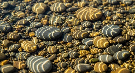 Wet pebbles underwater reflecting golden light.
