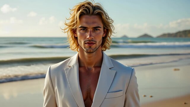 Handsome blond man in white blazer standing by sea at sunset, wind blowing hair. Concept of modern masculinity and confidence