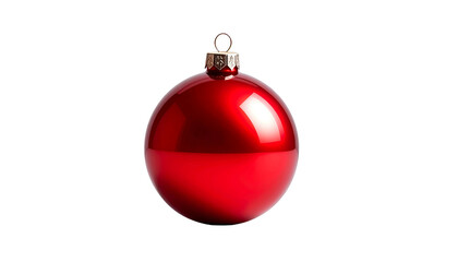 Red Christmas ornament, shiny and round, hangs against a black background, casting subtle reflections