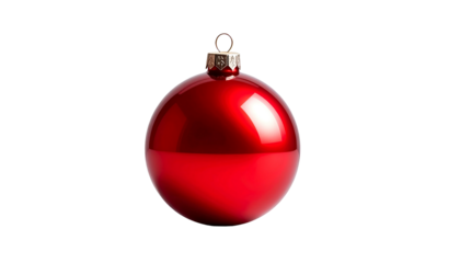 Red Christmas ornament, shiny and round, hangs against a black background, casting subtle reflections
