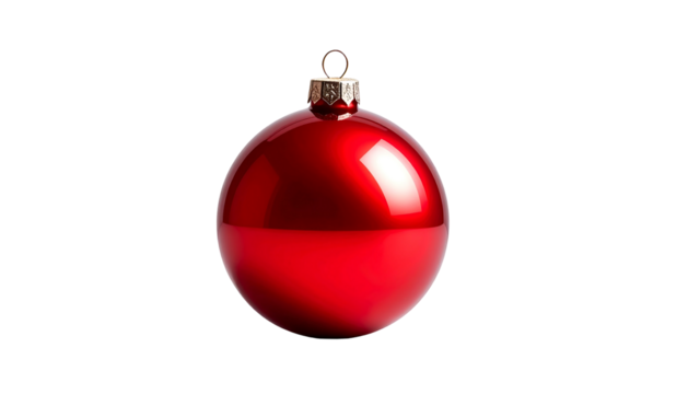 Red Christmas ornament, shiny and round, hangs against a black background, casting subtle reflections