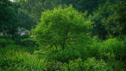 Obraz premium Lush greenery and vibrant plants on a peaceful Sunday morning outdoors