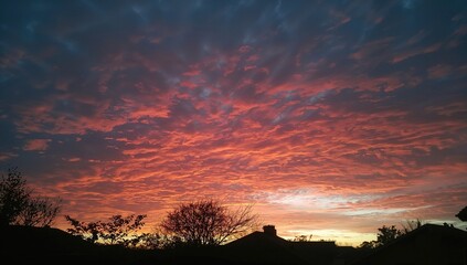 Fototapeta premium A colorful evening sky painted with deep orange and pink hues, with dark clouds drifting over shadowed rooftops and trees.