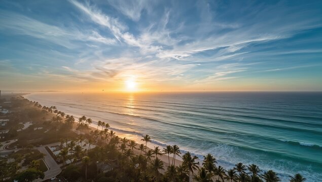 Fototapeta Stunning dawn view of ocean waves and sandy shore with bright sun