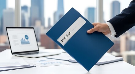 Professional hand presenting a blue policies folder over a modern office desk with laptop displaying charts and cityscape background
