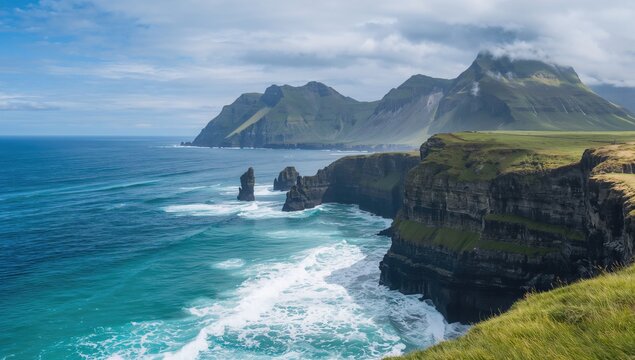 Fototapeta Ocean waves crashing against rugged cliffs on a remote island