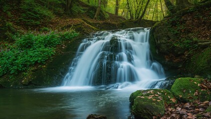 Obraz premium Stunning Long Exposure Showcasing a Forest Waterfall's Elegant Flow