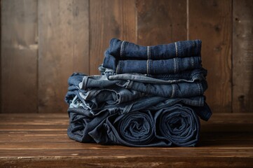 Pile of rolled denim jeans on a wooden surface