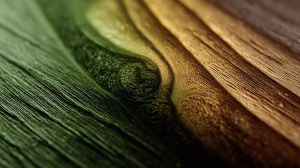 Close-up abstract texture of polished wood surface in green and golden tones, with natural grain patterns and soft lighting. Ideal for backgrounds, design projects, or organic-themed visuals.