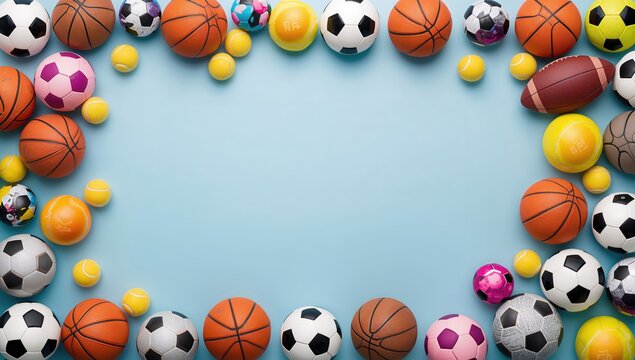 Assorted sports balls displayed on a pale blue surface, top-down view with room for text.