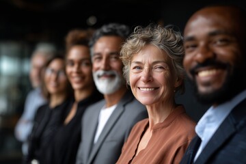 Diverse business team smiling at camera in modern office. Confident professionals representing leadership, teamwork, and inclusion for corporate success, HR, and diversity marketing concepts.
