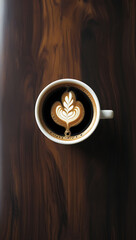 Top View of Latte Art Coffee on Dark Wooden Table with AI